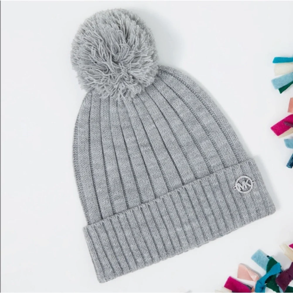 Michael Kors gray knit beanie with pom pom